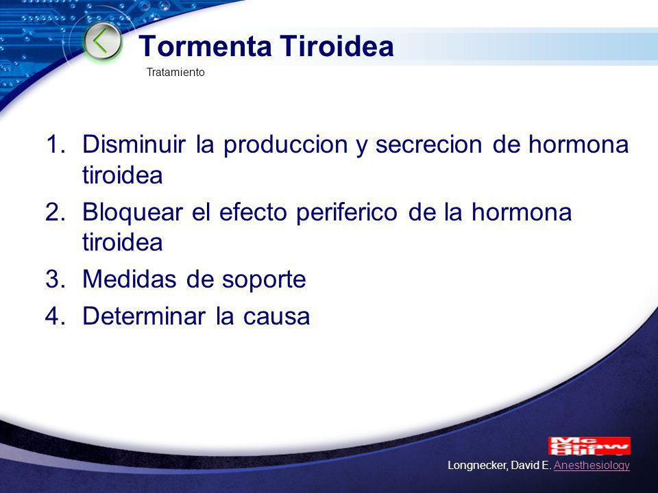Tormenta Tiroidea Tratamiento. Disminuir la produccion y secrecion de hormona tiroidea. Bloquear el efecto periferico de la hormona tiroidea.