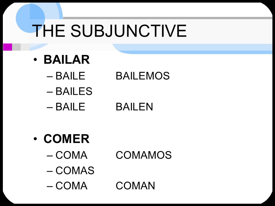 THE SUBJUNCTIVE BAILAR COMER BAILE BAILEMOS BAILES BAILE BAILEN