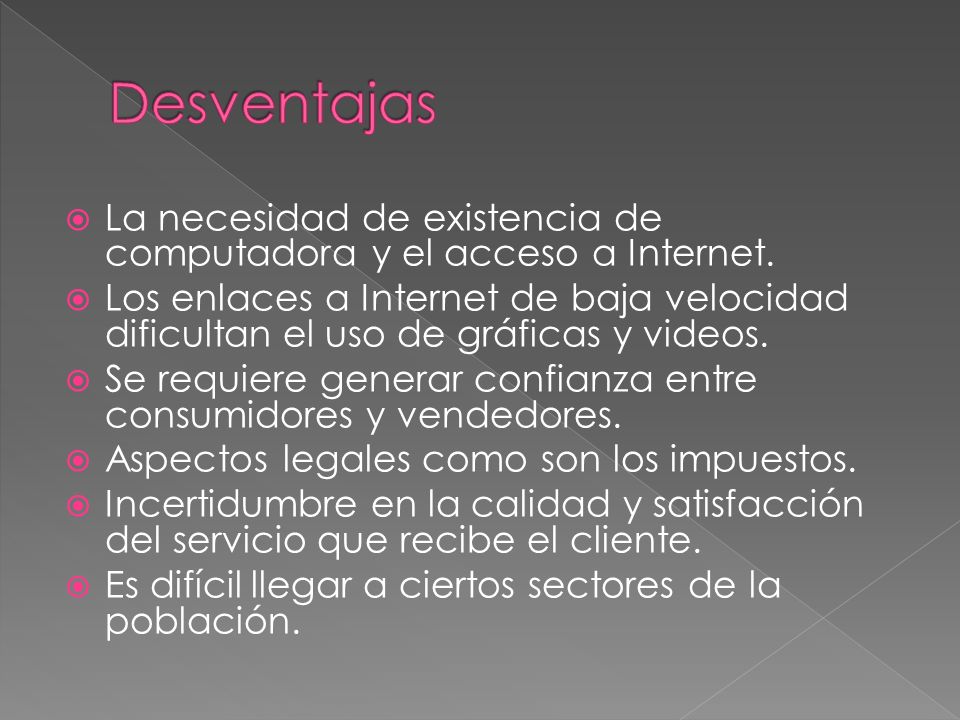 Desventajas La necesidad de existencia de computadora y el acceso a Internet.