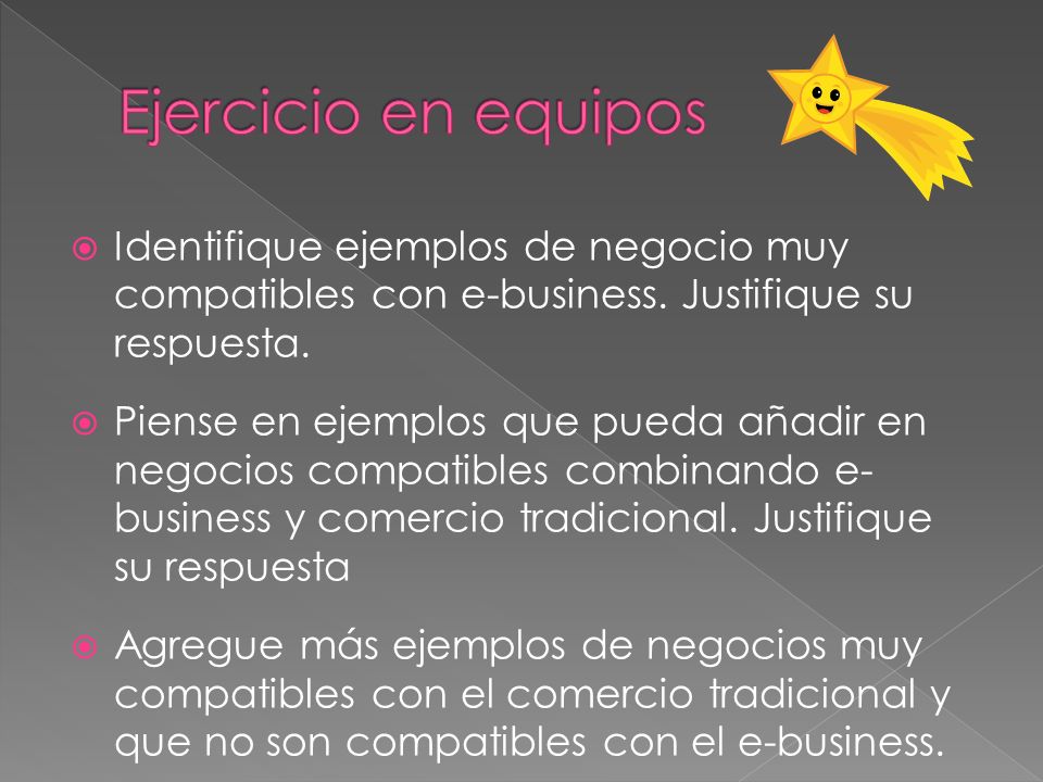 Ejercicio en equipos Identifique ejemplos de negocio muy compatibles con e-business. Justifique su respuesta.