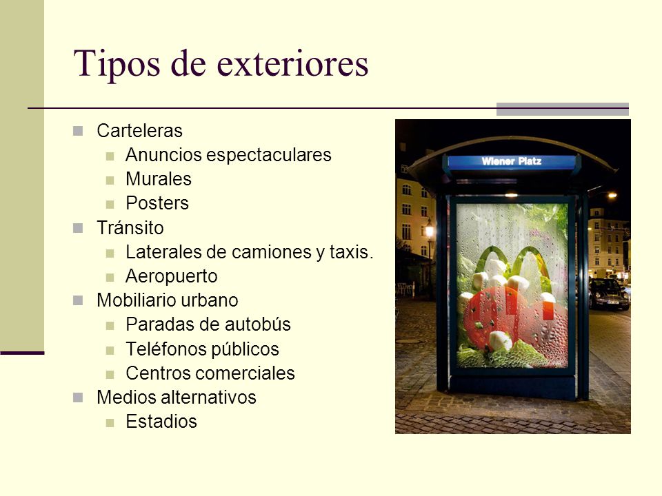 Tipos de exteriores Carteleras Anuncios espectaculares Murales Posters
