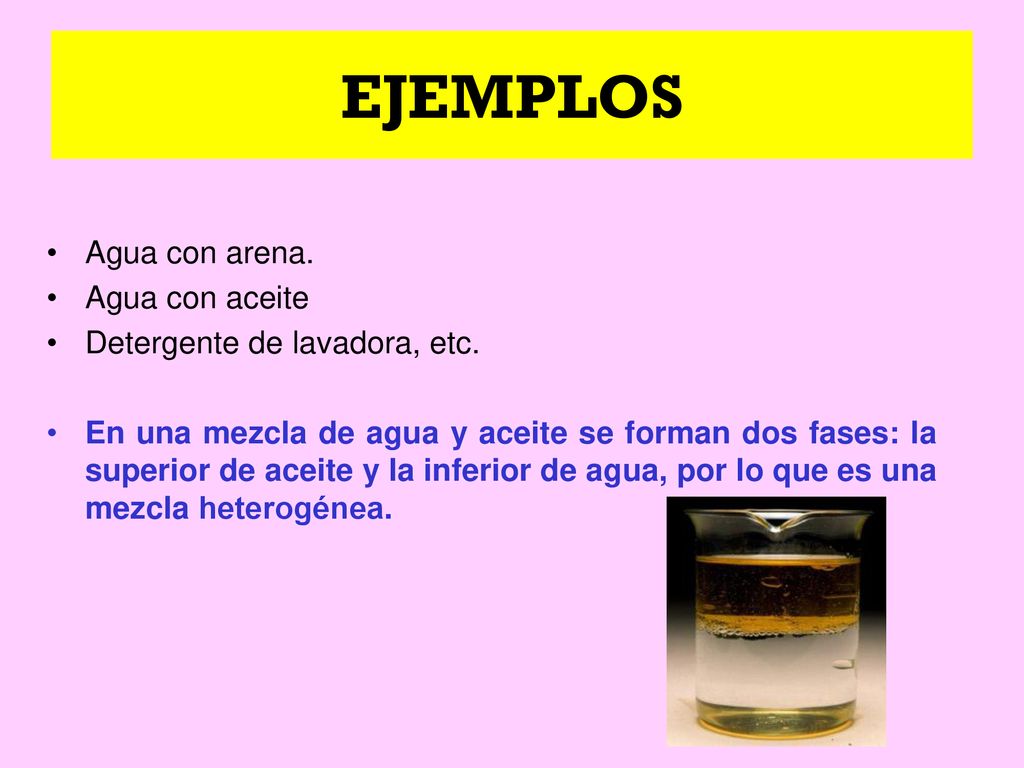 EJEMPLOS Agua con arena. Agua con aceite Detergente de lavadora, etc.