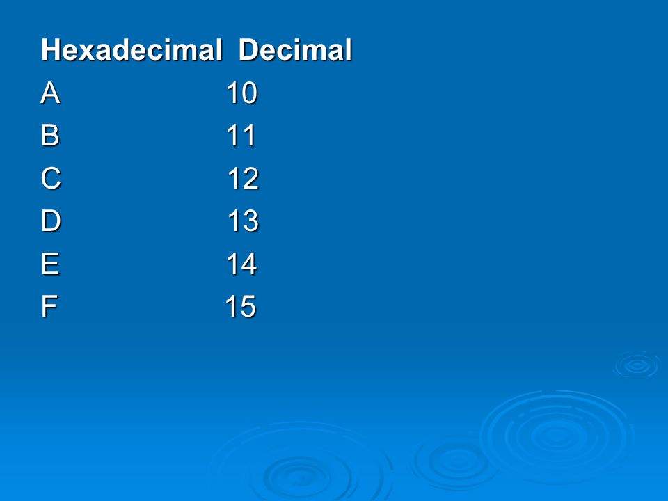 Hexadecimal Decimal A 10. B 11. C 12. D 13.