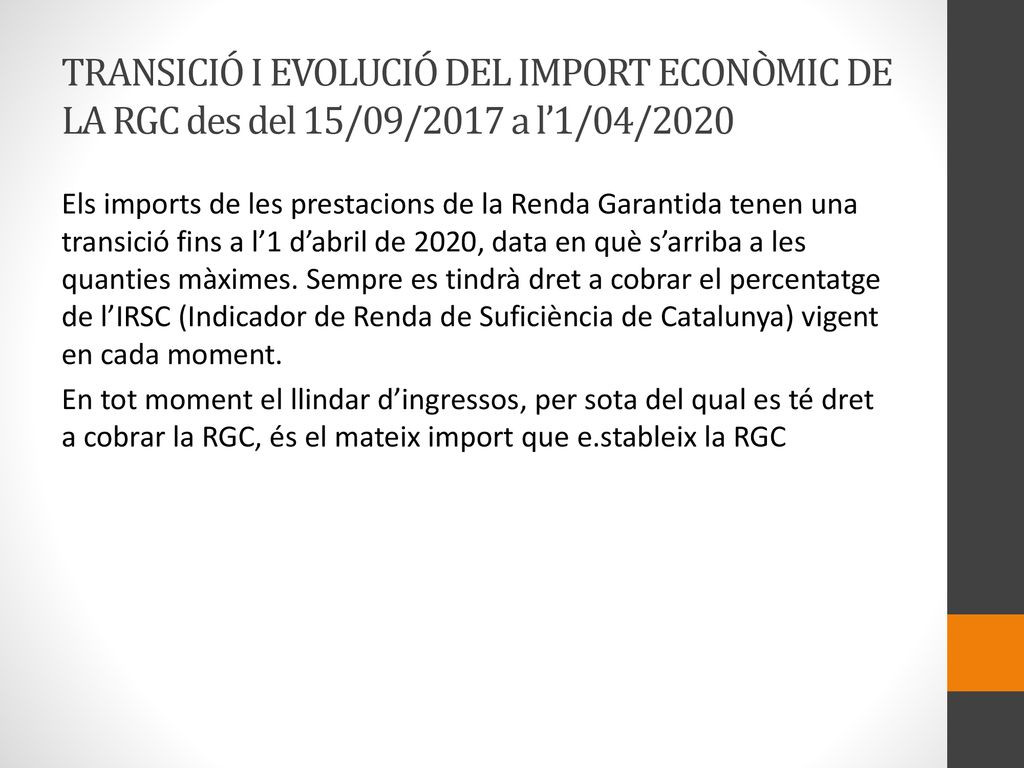 TRANSICIÓ I EVOLUCIÓ DEL IMPORT ECONÒMIC DE LA RGC des del 15/09/2017 a l’1/04/2020