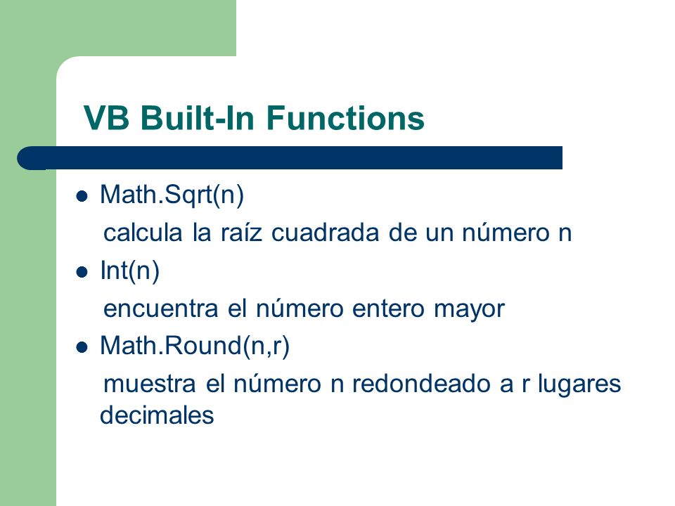 VB Built-In Functions Math.Sqrt(n)