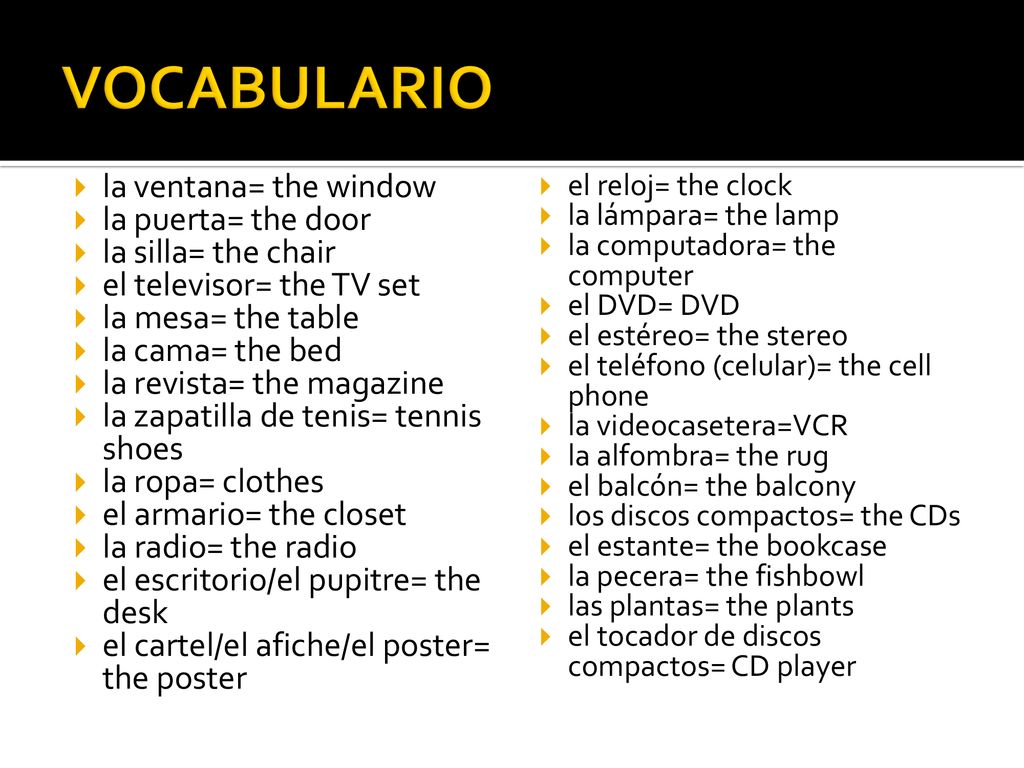 VOCABULARIO la ventana= the window la puerta= the door