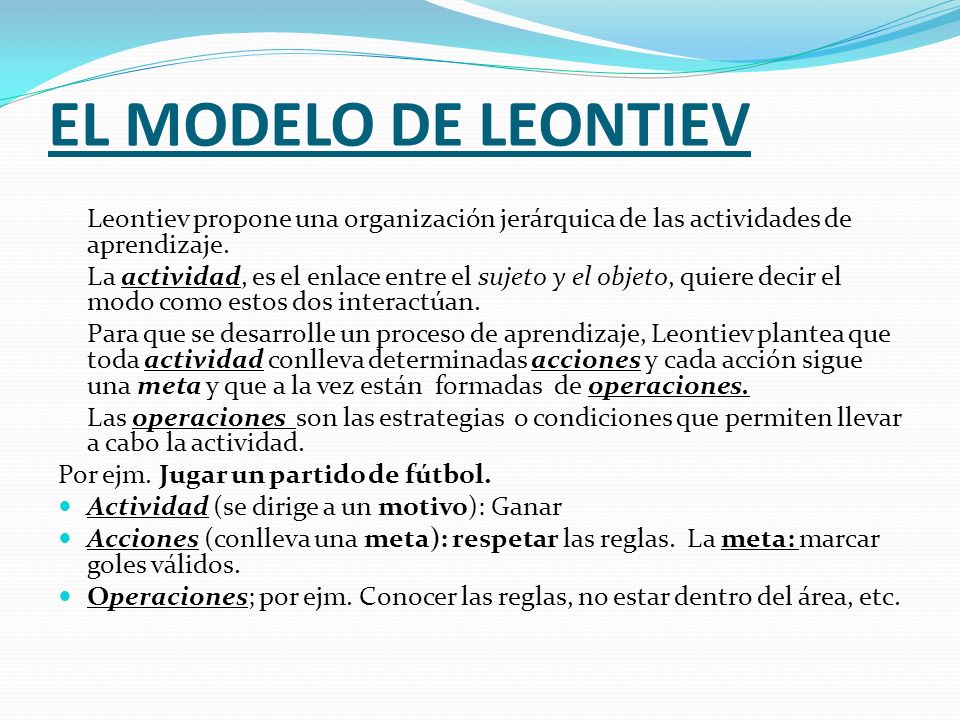 EL MODELO DE LEONTIEV Leontiev propone una organización jerárquica de las actividades de aprendizaje.