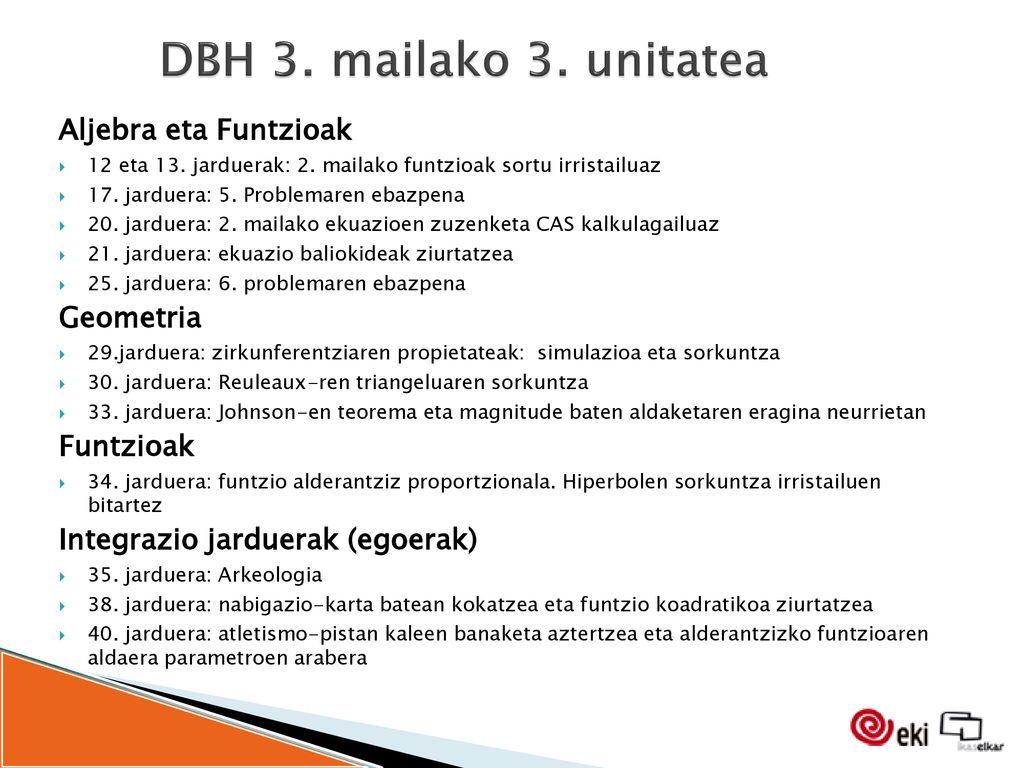 DBH 3. mailako 3. unitatea Aljebra eta Funtzioak Geometria Funtzioak