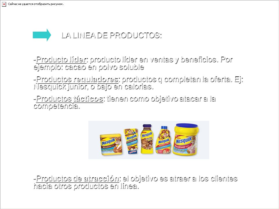 LA LINEA DE PRODUCTOS: -Producto líder: producto líder en ventas y beneficios. Por ejemplo: cacao en polvo soluble.