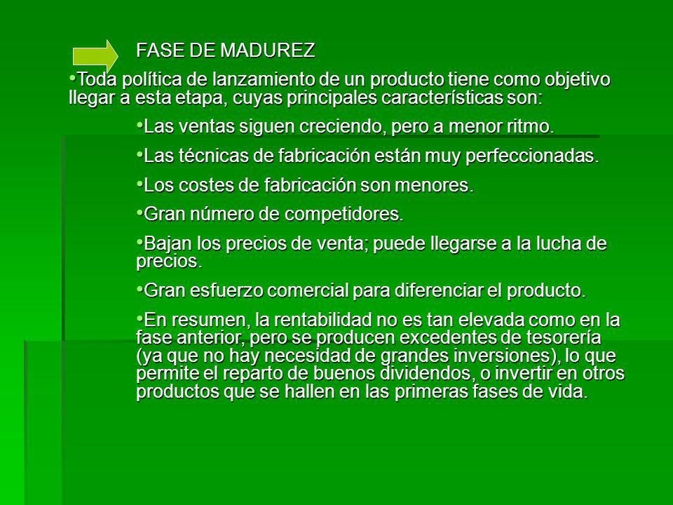FASE DE MADUREZ Toda política de lanzamiento de un producto tiene como objetivo llegar a esta etapa, cuyas principales características son: