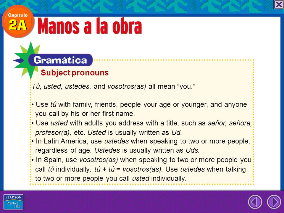 Subject pronouns Tú, usted, ustedes, and vosotros(as) all mean you.