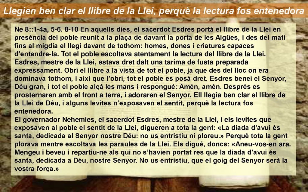 Llegien ben clar el llibre de la Llei, perquè la lectura fos entenedora