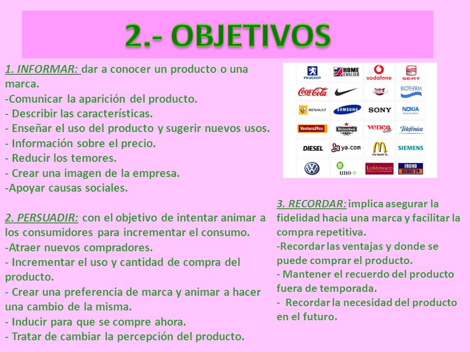 2.- OBJETIVOS 1. INFORMAR: dar a conocer un producto o una marca.