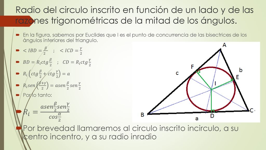 Radio del circulo inscrito en función de un lado y de las razones trigonométricas de la mitad de los ángulos.