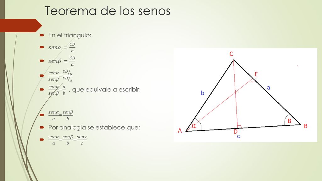Teorema de los senos En el triangulo: 𝑠𝑒𝑛𝛼= 𝐶𝐷 𝑏 𝑠𝑒𝑛𝛽= 𝐶𝐷 𝑎