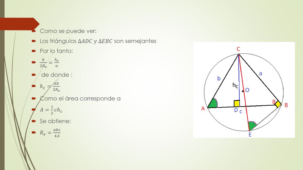 Como se puede ver: Los triángulos ∆𝐴𝐷𝐶 𝑦 ∆𝐸𝐵𝐶 son semejantes. Por lo tanto: 𝑏 2 𝑅 𝑒 = ℎ 𝑐 𝑎. de donde :