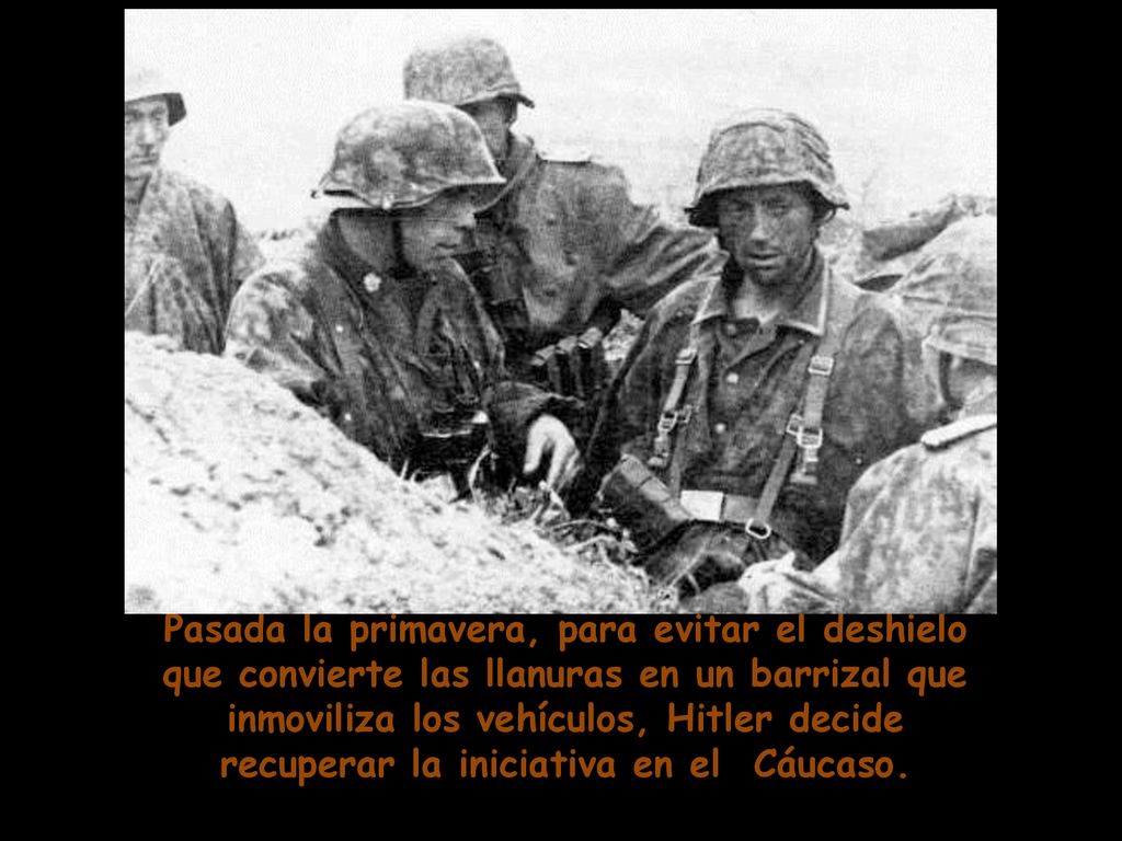 Pasada la primavera, para evitar el deshielo que convierte las llanuras en un barrizal que inmoviliza los vehículos, Hitler decide recuperar la iniciativa en el Cáucaso.