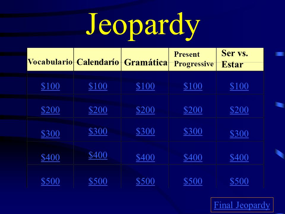 Jeopardy Ser vs. Estar Gramática $100 $100 $100 $100 $100 $200 $200