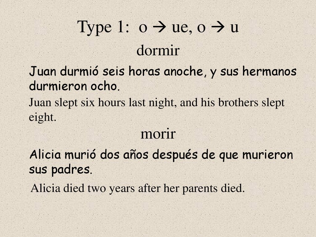 Type 1: o  ue, o  u dormir morir