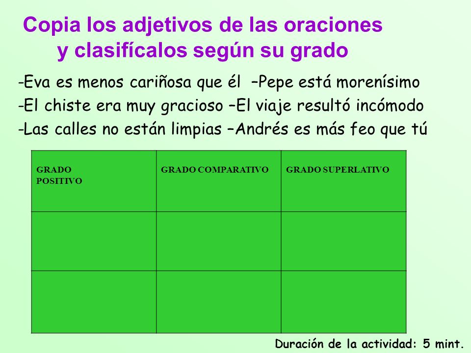 Copia los adjetivos de las oraciones y clasifícalos según su grado