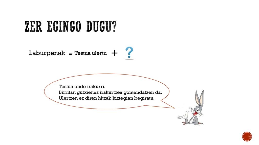 ZER EGINGO DUGU + Laburpenak Testua ulertu = Testua ondo irakurri.