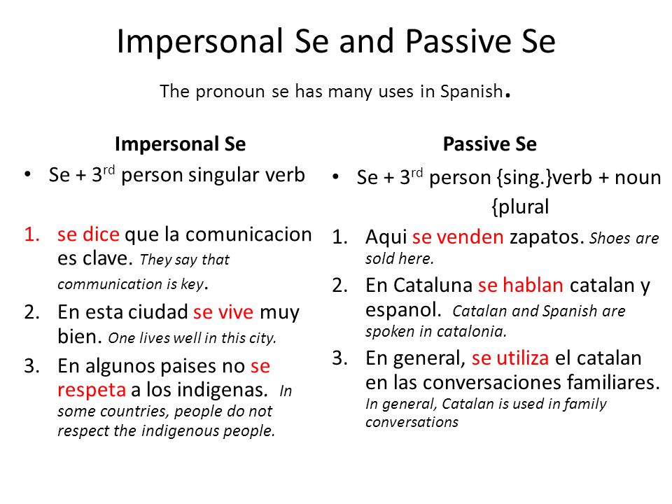 Impersonal Se and Passive Se The pronoun se has many uses in Spanish.