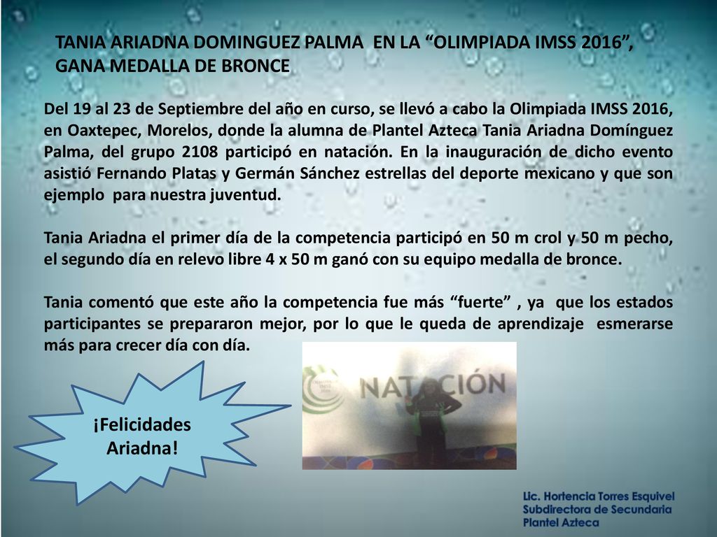 TANIA ARIADNA DOMINGUEZ PALMA EN LA OLIMPIADA IMSS 2016 , GANA MEDALLA DE BRONCE