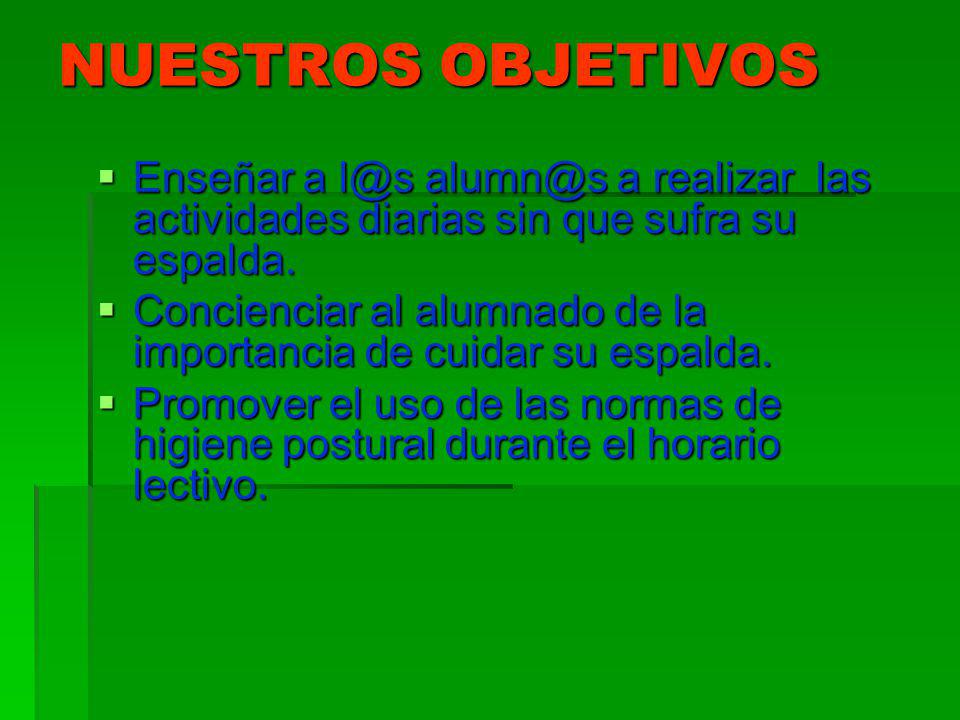NUESTROS OBJETIVOS Enseñar a  a realizar las actividades diarias sin que sufra su espalda.