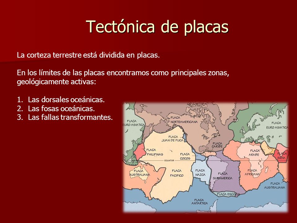 Tectónica de placas La corteza terrestre está dividida en placas.