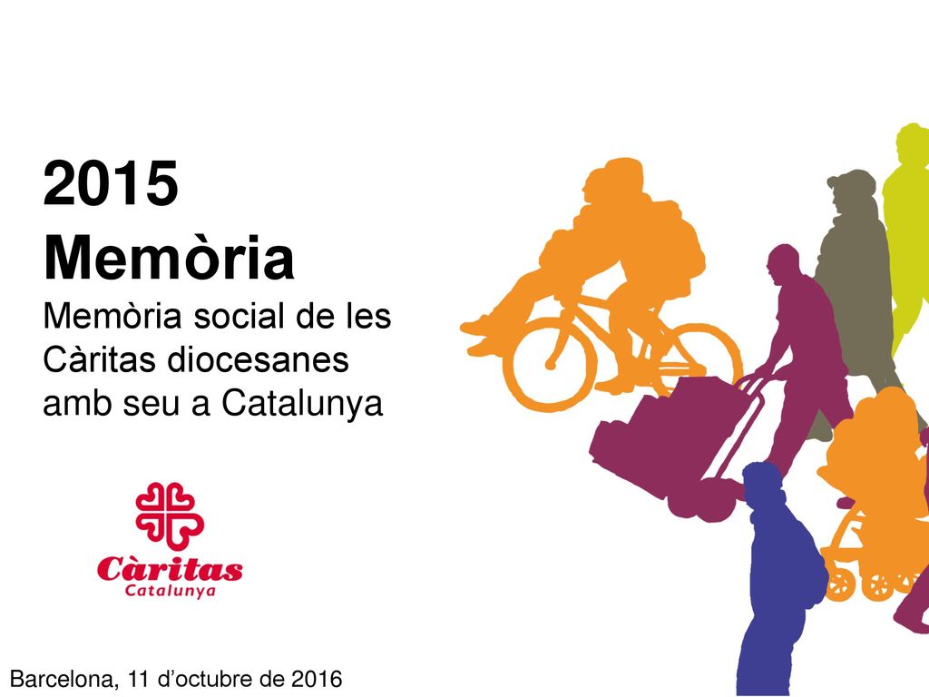 Memòria. Memòria social de les Càritas diocesanes amb seu a Catalunya. Pantalla a l’inici de començar la RODA DE PREMSA.