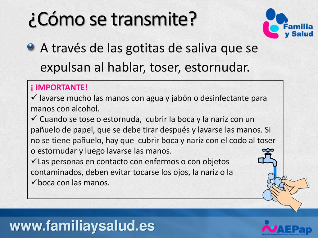 ¿Cómo se transmite A través de las gotitas de saliva que se expulsan al hablar, toser, estornudar.