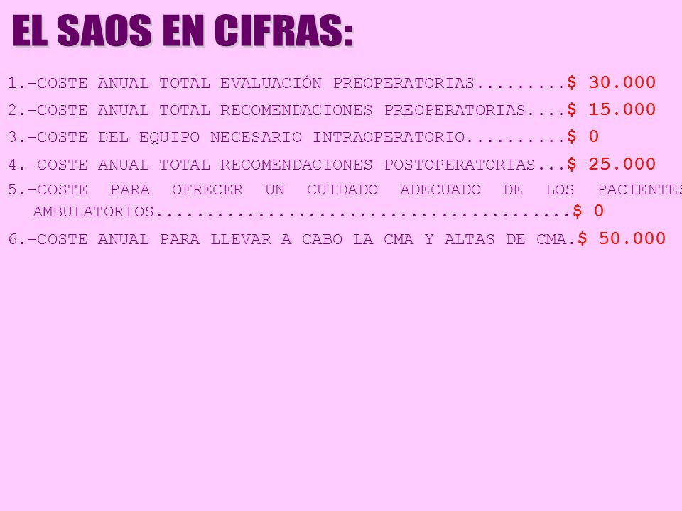 EL SAOS EN CIFRAS: 1.-COSTE ANUAL TOTAL EVALUACIÓN PREOPERATORIAS $ COSTE ANUAL TOTAL RECOMENDACIONES PREOPERATORIAS....$