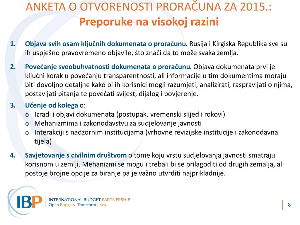 ANKETA O OTVORENOSTI PRORAČUNA ZA 2015.: Preporuke na visokoj razini
