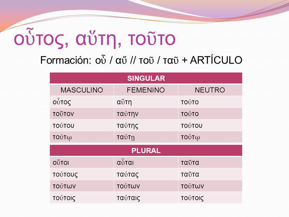 Formación: οὗ / αὔ // τοῦ / ταῦ + ARTÍCULO
