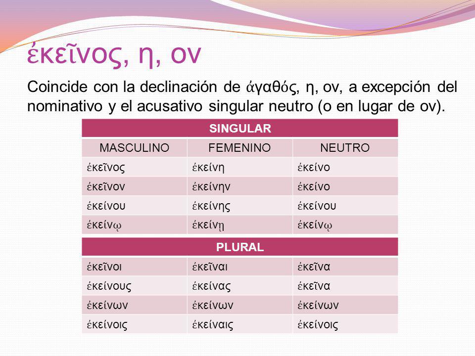 ἐκεῖνος, η, ον Coincide con la declinación de ἀγαθός, η, ον, a excepción del nominativo y el acusativo singular neutro (ο en lugar de ον).