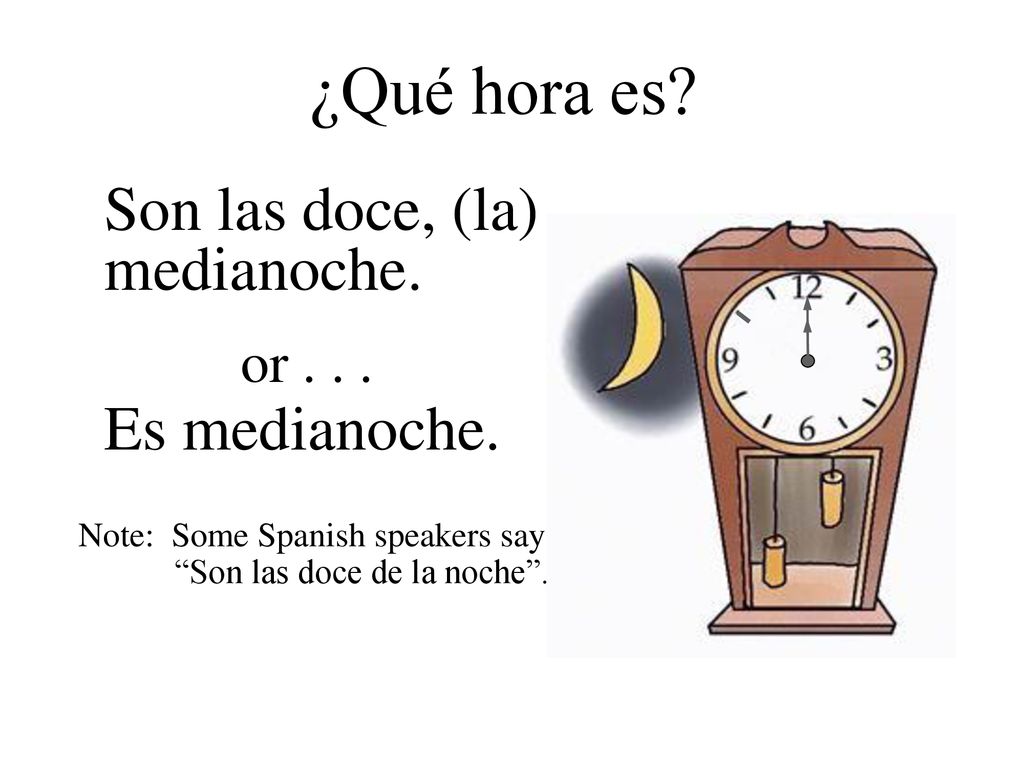 ¿Qué hora es Son las doce, (la) medianoche. Es medianoche. or . . .