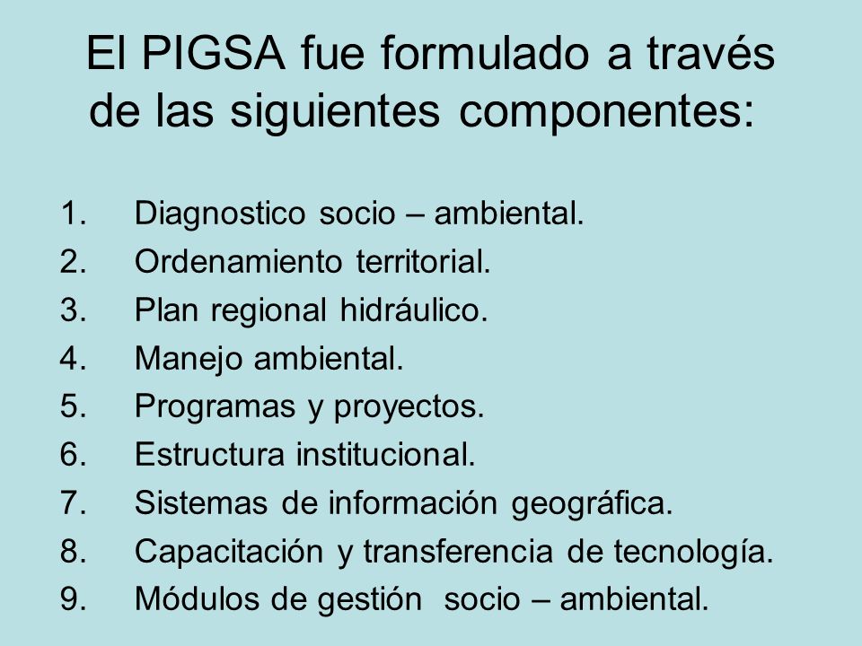 El PIGSA fue formulado a través de las siguientes componentes: