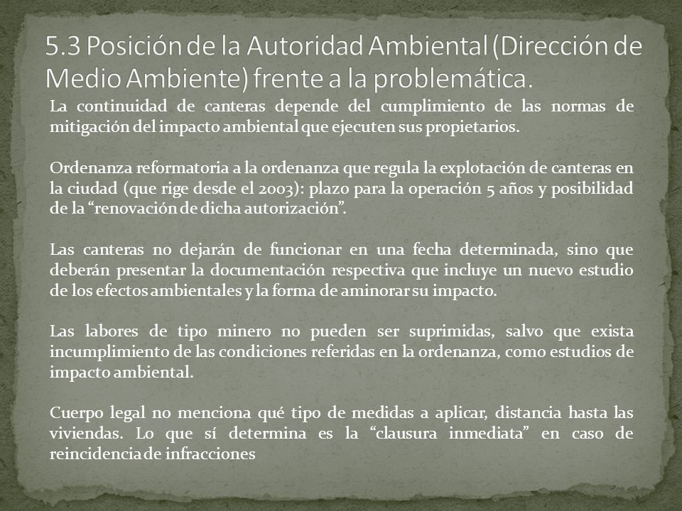 5.3 Posición de la Autoridad Ambiental (Dirección de Medio Ambiente) frente a la problemática.