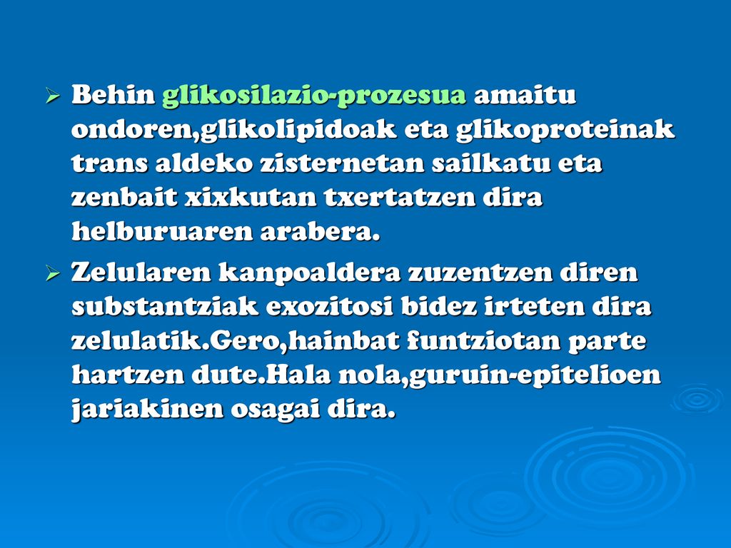 Behin glikosilazio-prozesua amaitu ondoren,glikolipidoak eta glikoproteinak trans aldeko zisternetan sailkatu eta zenbait xixkutan txertatzen dira helburuaren arabera.
