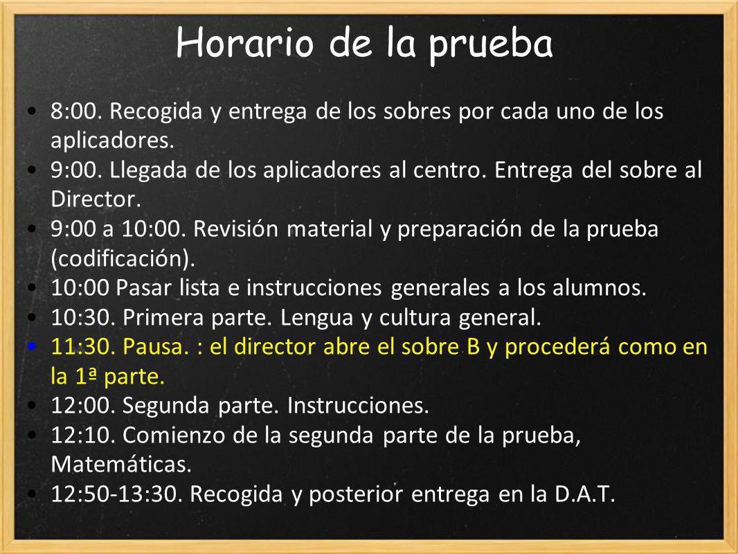 Horario de la prueba 8:00. Recogida y entrega de los sobres por cada uno de los aplicadores.