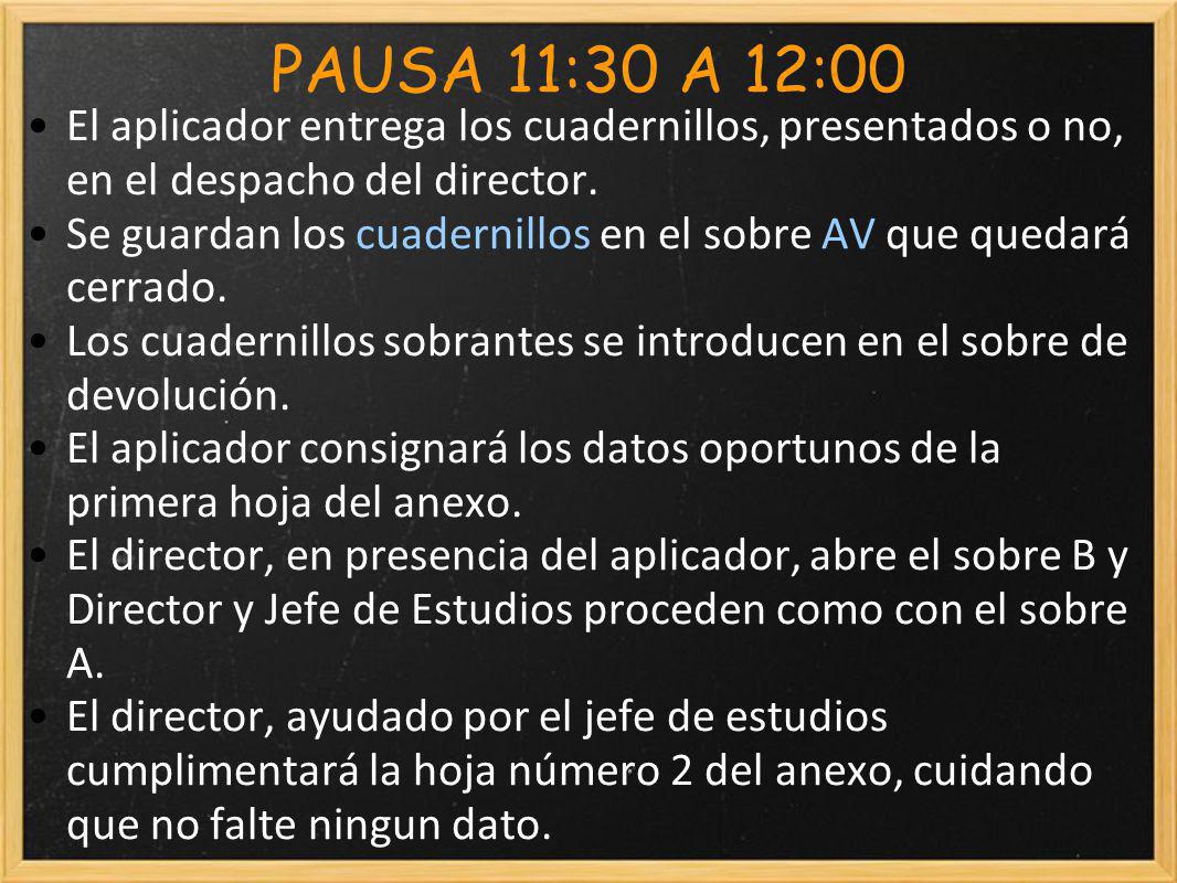 PAUSA 11:30 A 12:00 El aplicador entrega los cuadernillos, presentados o no, en el despacho del director.
