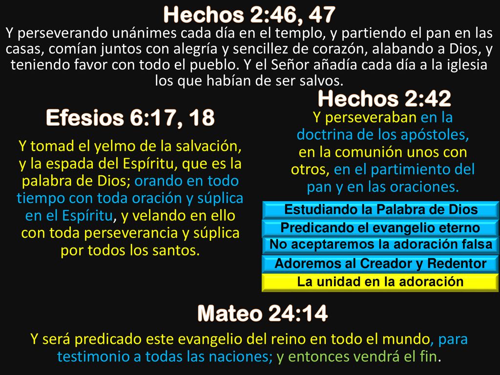 Hechos 2:46, 47 Hechos 2:42 Efesios 6:17, 18 Mateo 24:14