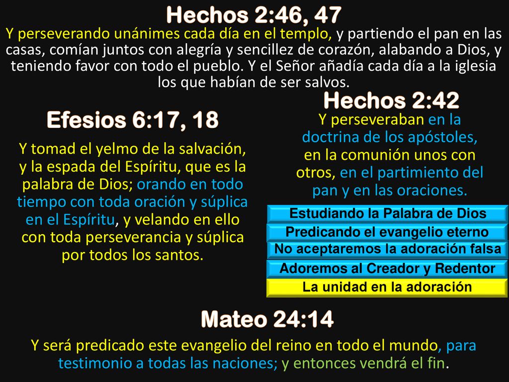 Hechos 2:46, 47 Hechos 2:42 Efesios 6:17, 18 Mateo 24:14