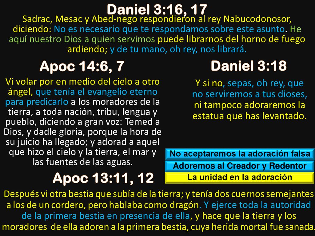 Daniel 3:16, 17 Apoc 14:6, 7 Daniel 3:18 Apoc 13:11, 12