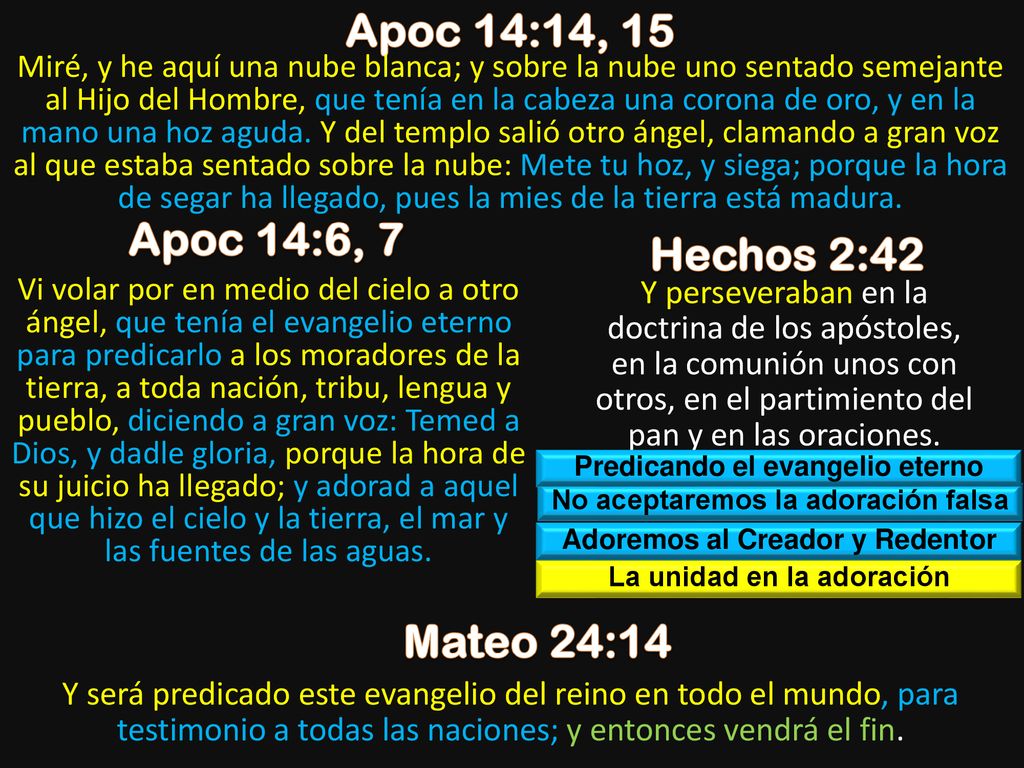 Apoc 14:14, 15 Apoc 14:6, 7 Hechos 2:42 Mateo 24:14