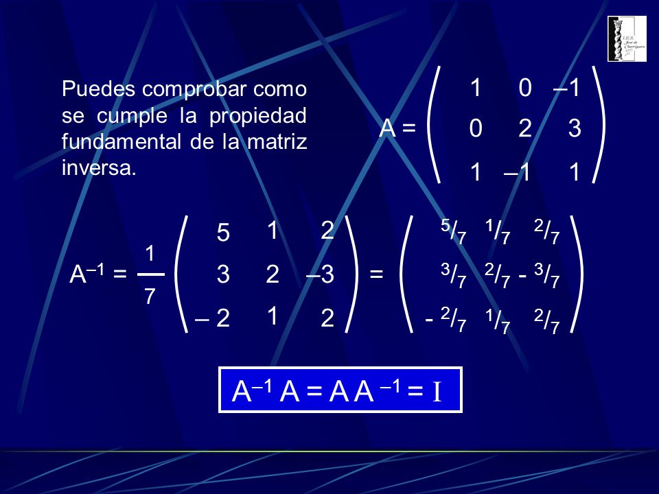 A–1 A = A A –1 = I 1 –1 2 3 A = A–1 = 3 5 – 2 2 –3 = - 3/7 - 2/7 3/7