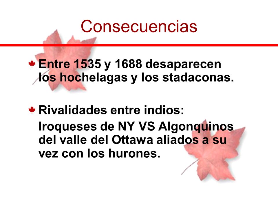 Consecuencias Entre 1535 y 1688 desaparecen los hochelagas y los stadaconas. Rivalidades entre indios: