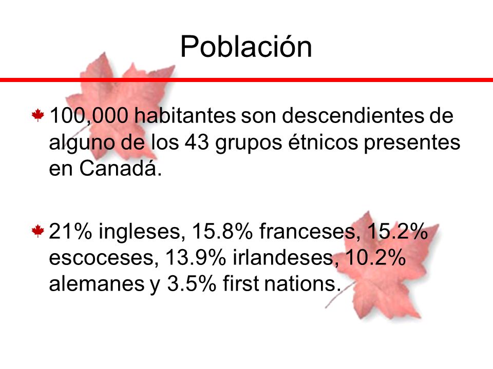 Población 100,000 habitantes son descendientes de alguno de los 43 grupos étnicos presentes en Canadá.