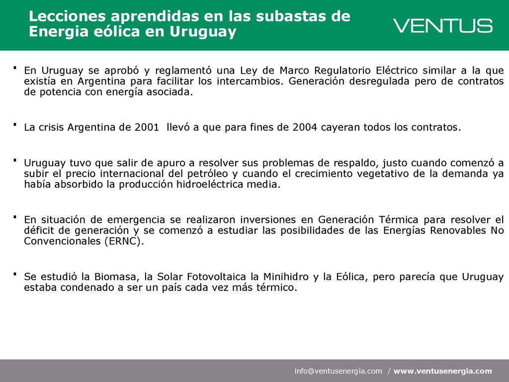 Lecciones aprendidas en las subastas de Energia eólica en Uruguay