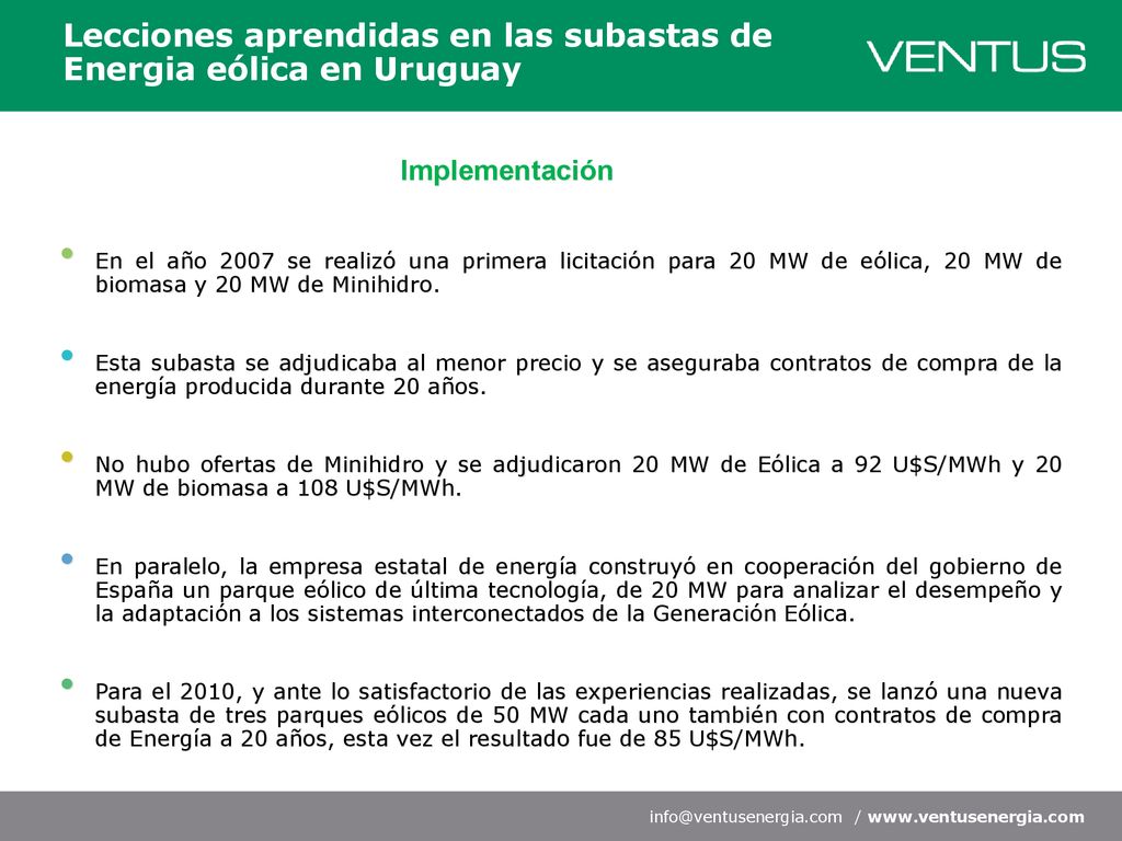 Lecciones aprendidas en las subastas de Energia eólica en Uruguay